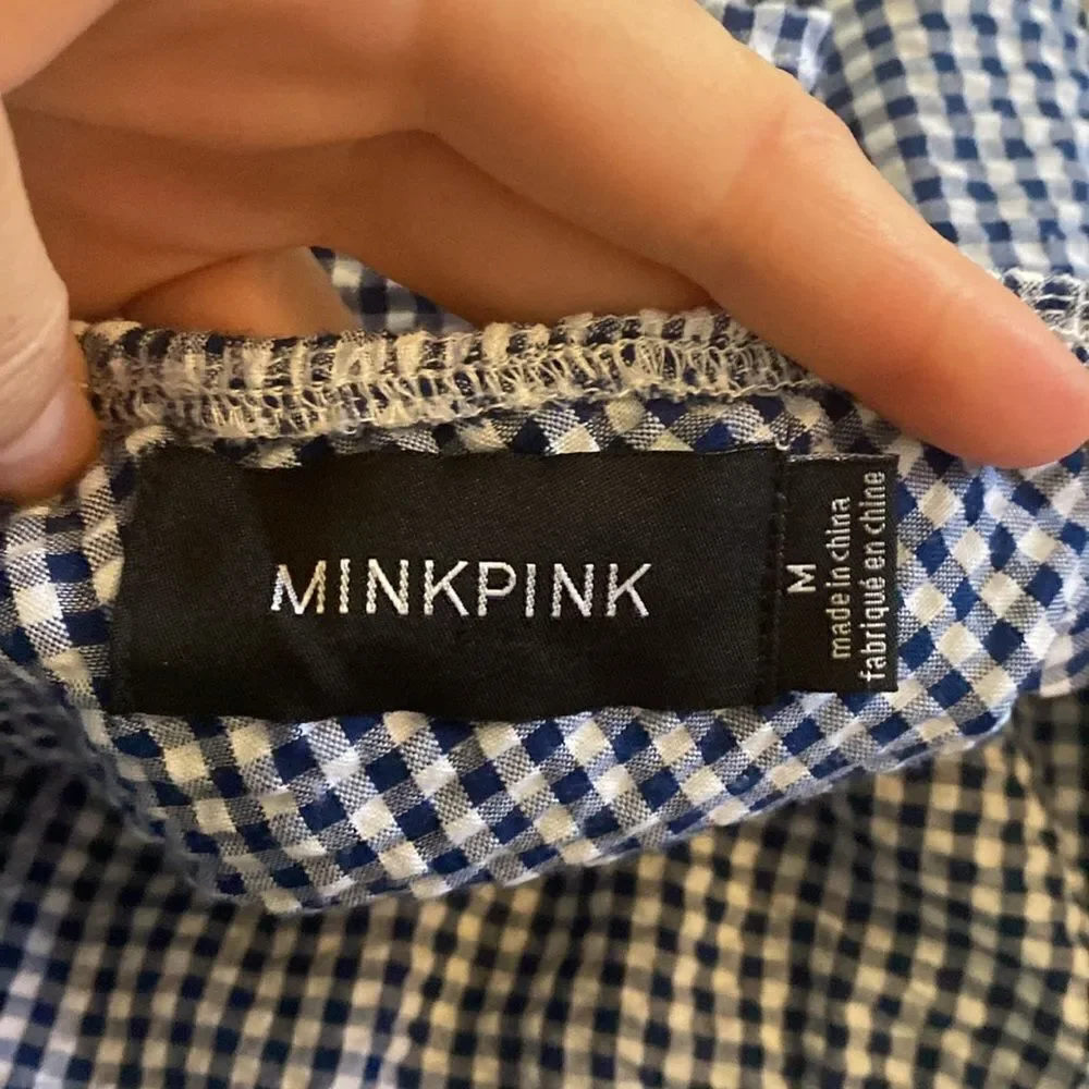 MINKPINK Wanderer Blue & White Gingham One-Shoulder Ruffle Dress Size Medium - Picture 5 of 8